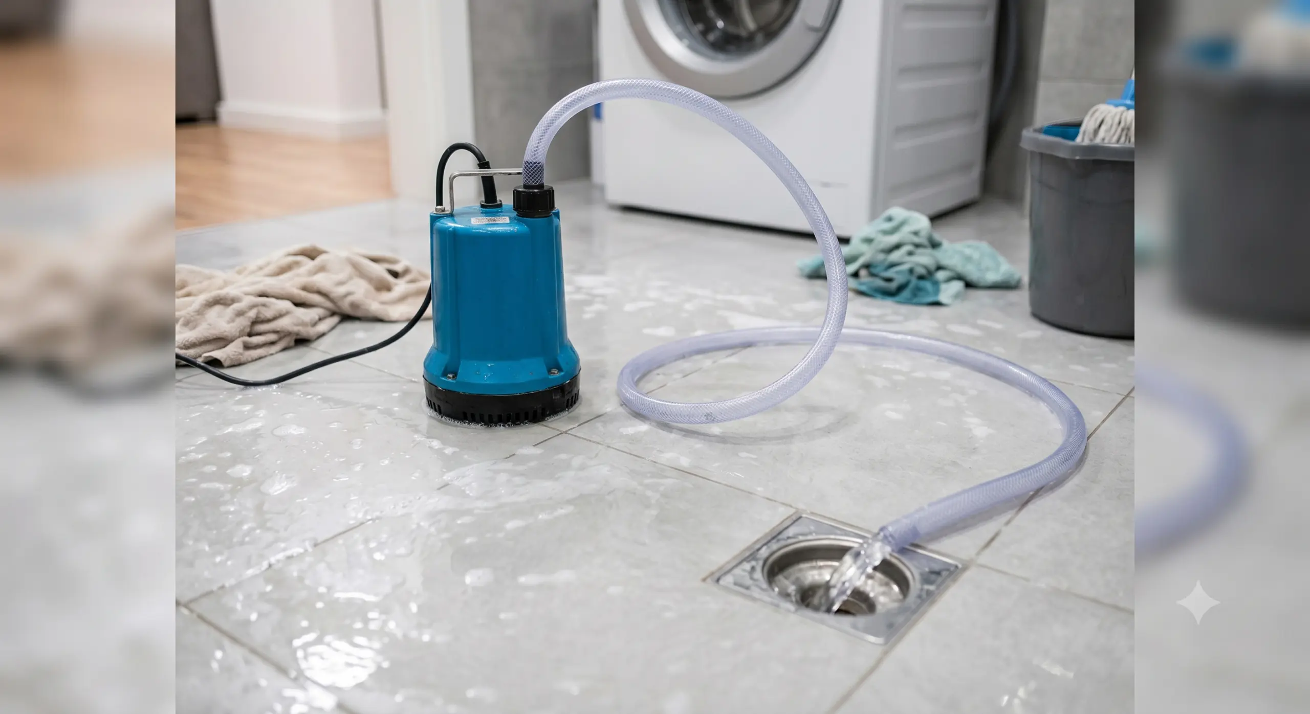 Waskamer staat blank, wordt afgevoerd met een dompelpomp