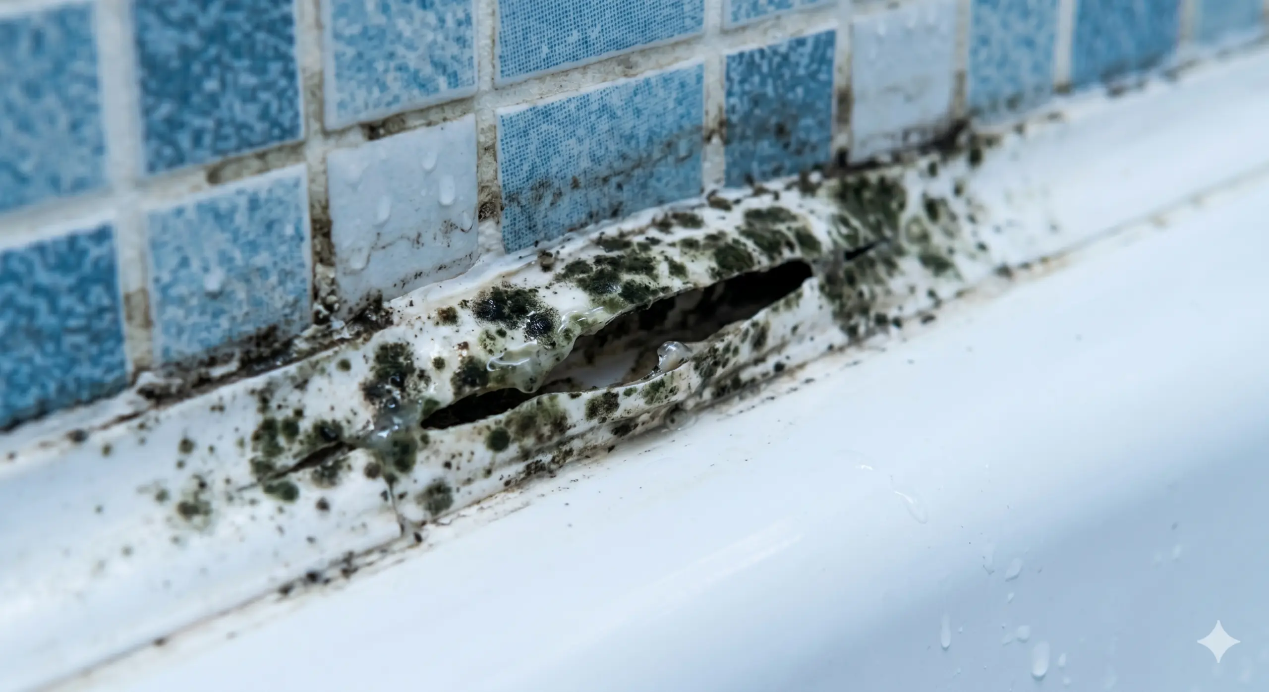 Voegen in een badkamer naast een bad met schimmel erop closeup