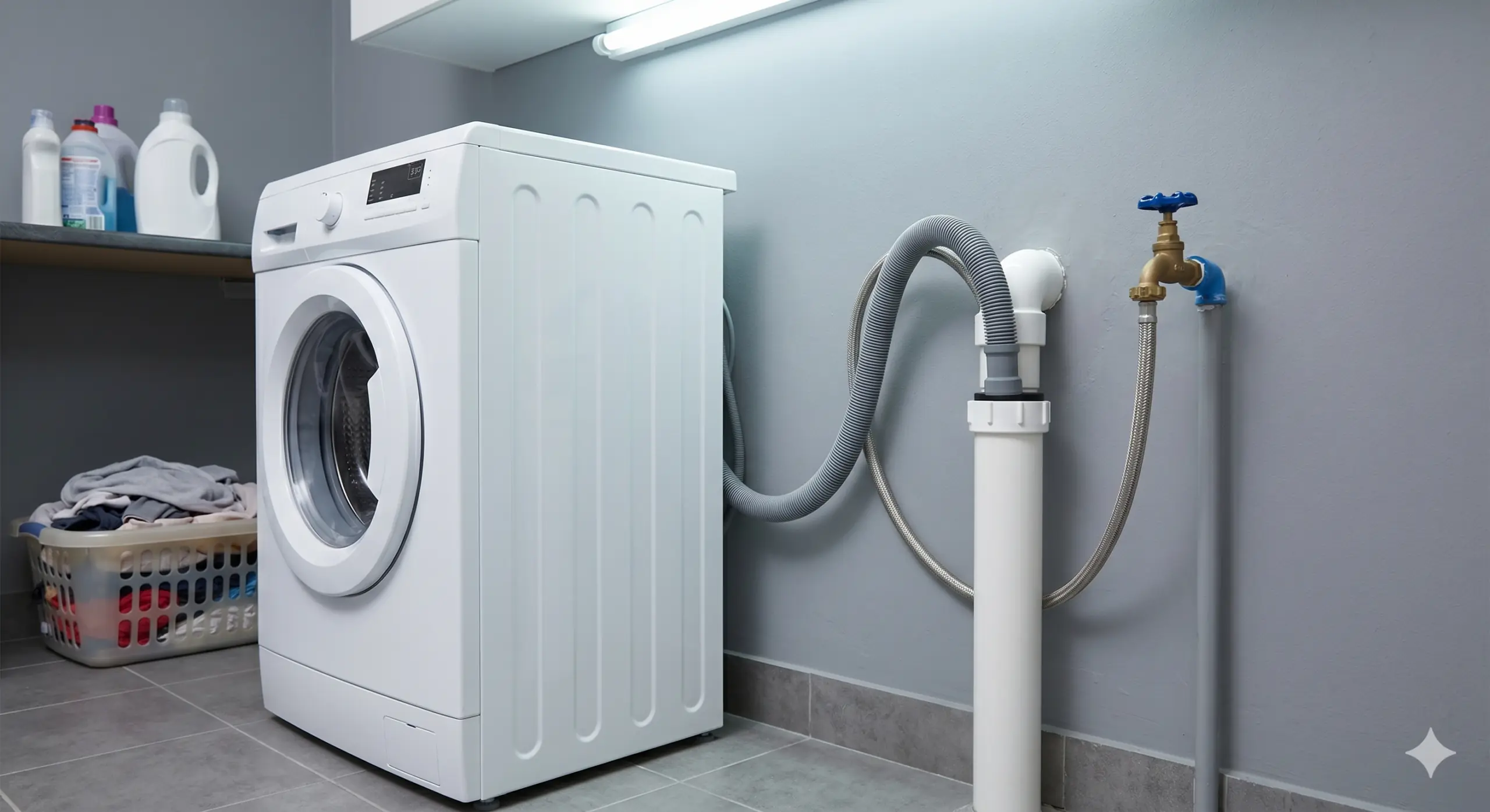 Afvoer van een wasmachine in een waskamer in huis